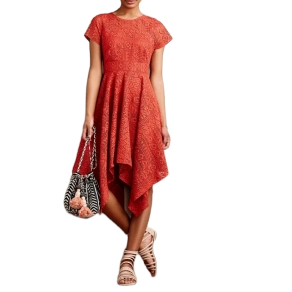 Anthropologie Maeve Prima Asymmetric Hanky Hem Orange Lace Dress Women's 8 - Picture 1 of 12